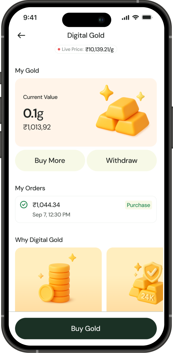 FAAB app showing Digital Gold balance, live price, and buy options