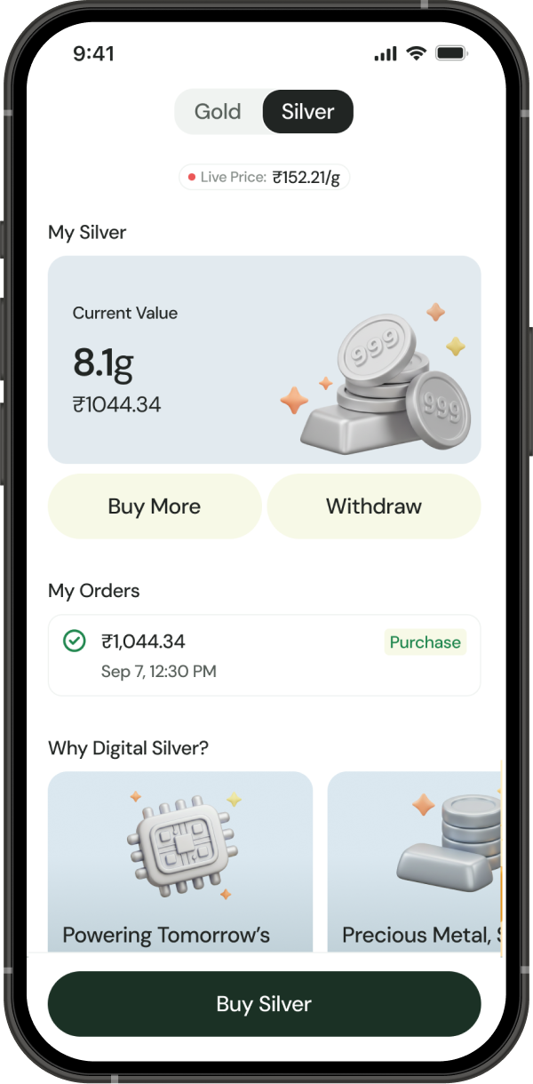 FAAB app showing Digital Silver balance, live price, and buy options